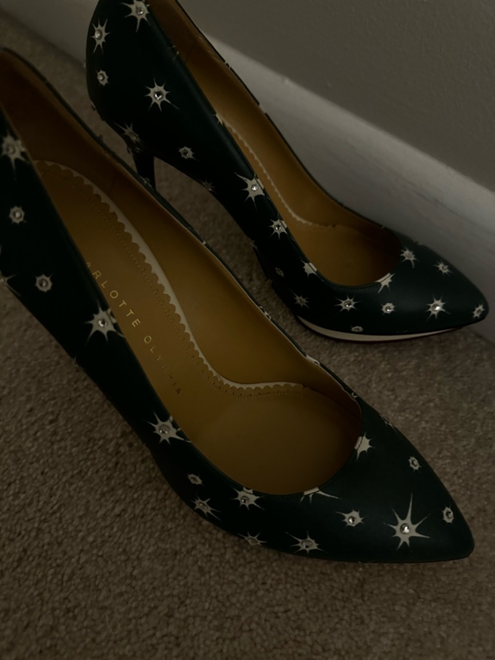 Charlotte Olympia Emerald Green Star-Studded Pointed Toe Pumps